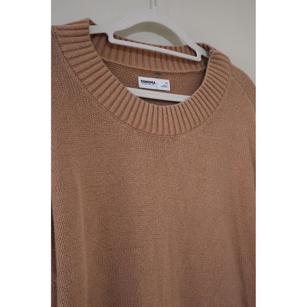 Minimalist Neutral Sonoma Shaker Stitch Sweater M Tan Crewneck Side Slit - Picture 2 of 6